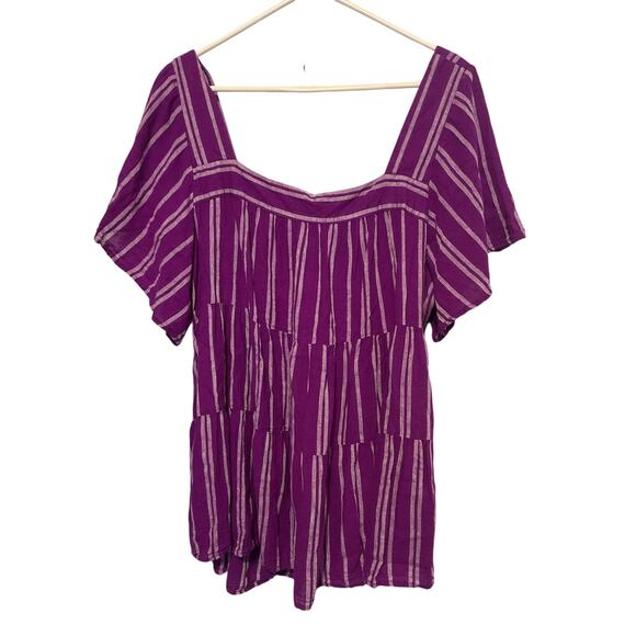 NEW Terra & Sky Peasant Blouse Purple Striped 2X Linen Blend - Picture 1 of 9